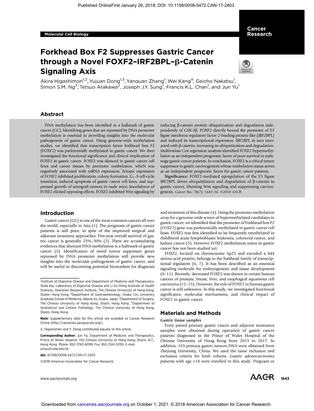 Forkhead Box F2 Suppresses Gastric Cancer Through a Novel FOXF2