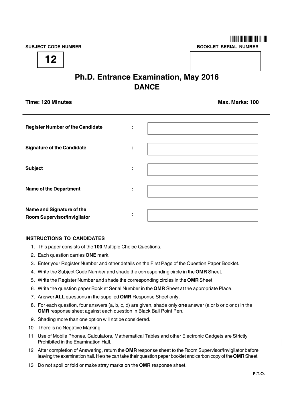 Ph.D. Entrance Examination, May 2016 DANCE