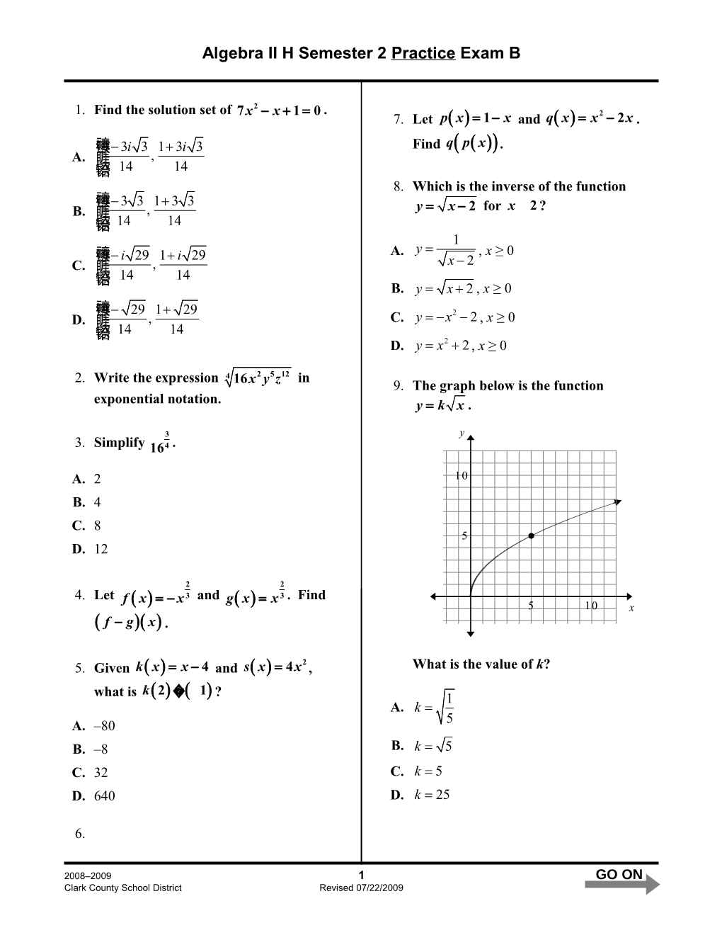 Algebra II H Semester 2 Practice Exam B