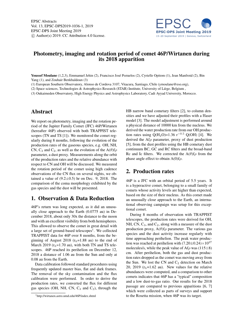 Photometry, Imaging and Rotation Period of Comet 46P/Wirtanen During Its 2018 Apparition Abstract 1. Observation & Data Redu