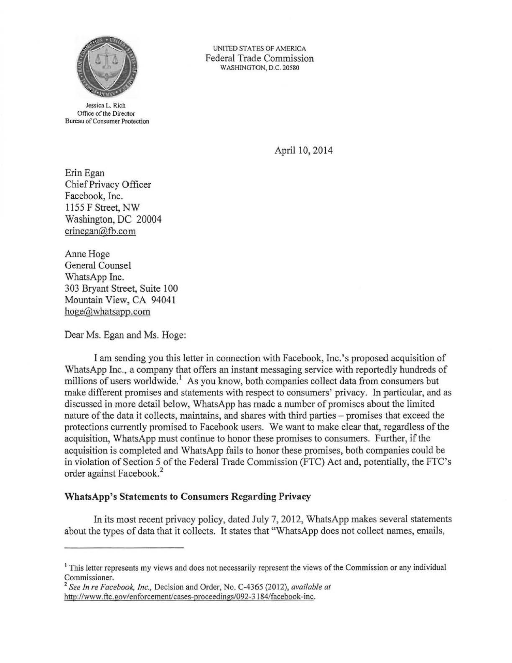 Letter from Jessica L. Rich, Director of the Federal Trade Commission Bureau of Consumer Protection, to Erin Egan, Chief Privacy