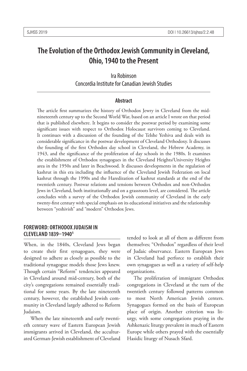 The Evolution of the Orthodox Jewish Community in Cleveland, Ohio, 1940 to the Present