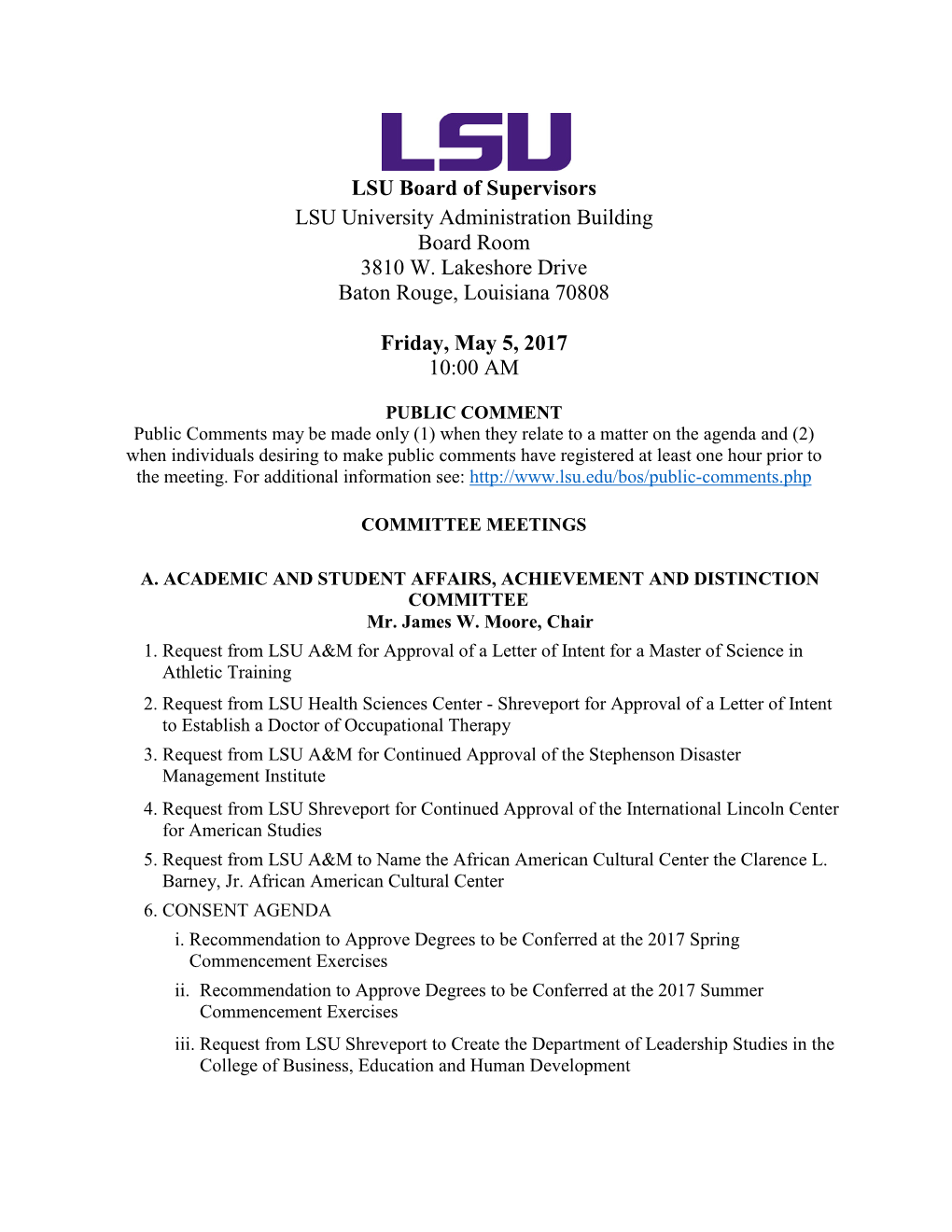 LSU Board of Supervisors Meeting Notice and Agenda