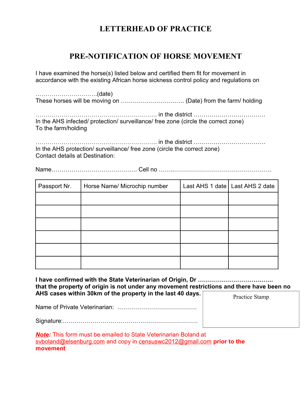 Pre-Notification of Horse Movement