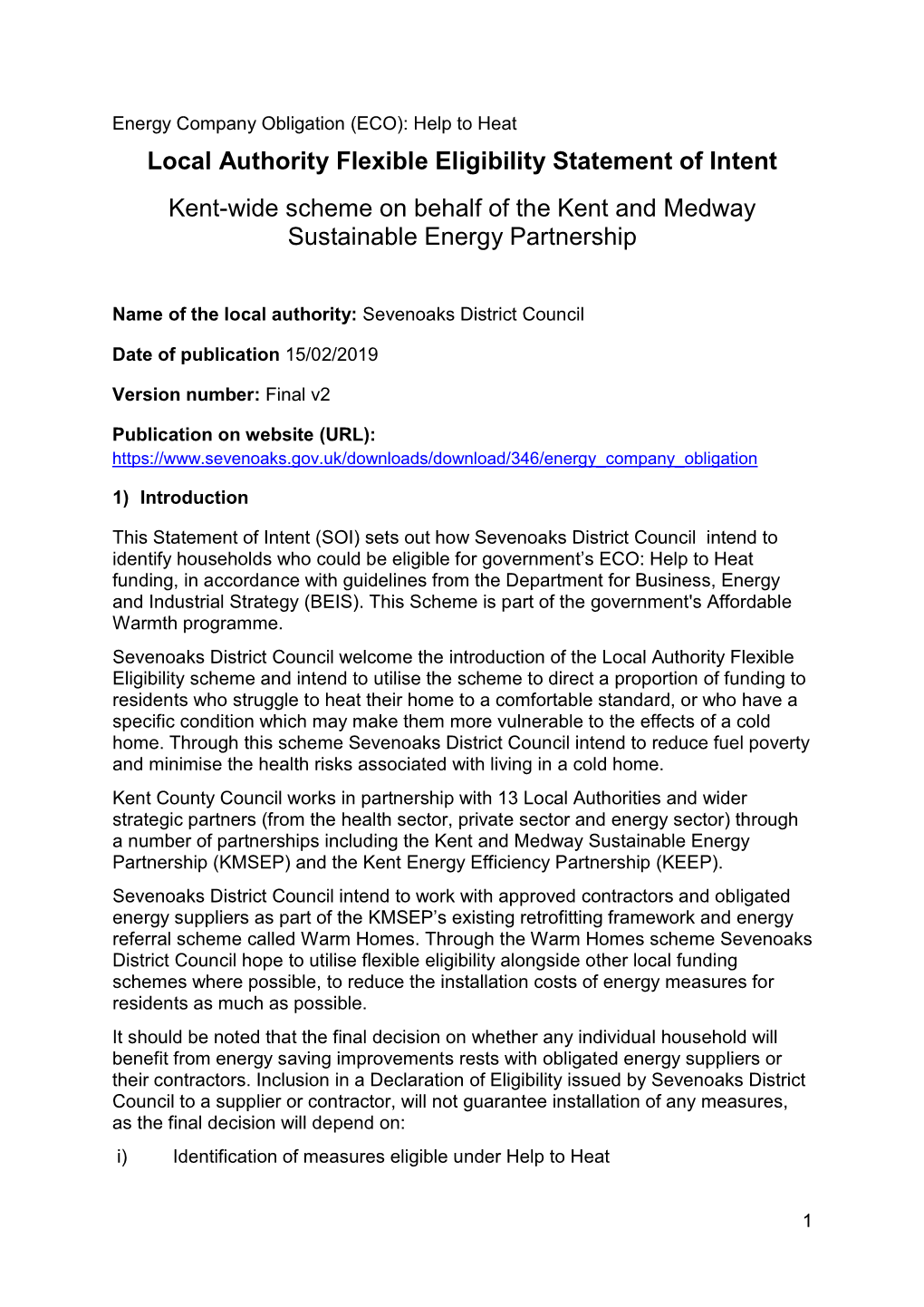 Local Authority Flexible Eligibility Statement of Intent Kent-Wide Scheme on Behalf of the Kent and Medway Sustainable Energy Partnership