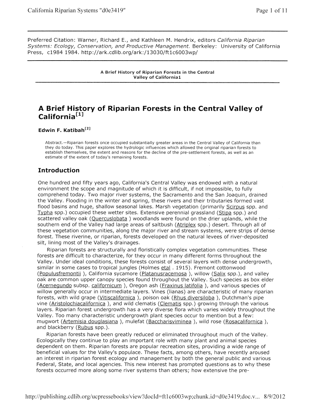 A Brief History of Riparian Forests in the Central Valley of Californial