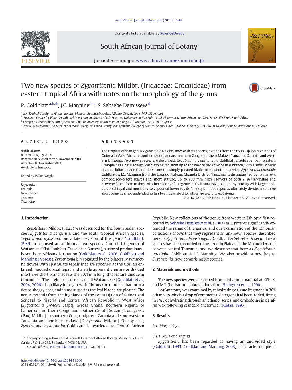 Two New Species of Zygotritonia Mildbr. (Iridaceae: Crocoideae) from Eastern Tropical Africa with Notes on the Morphology of the Genus