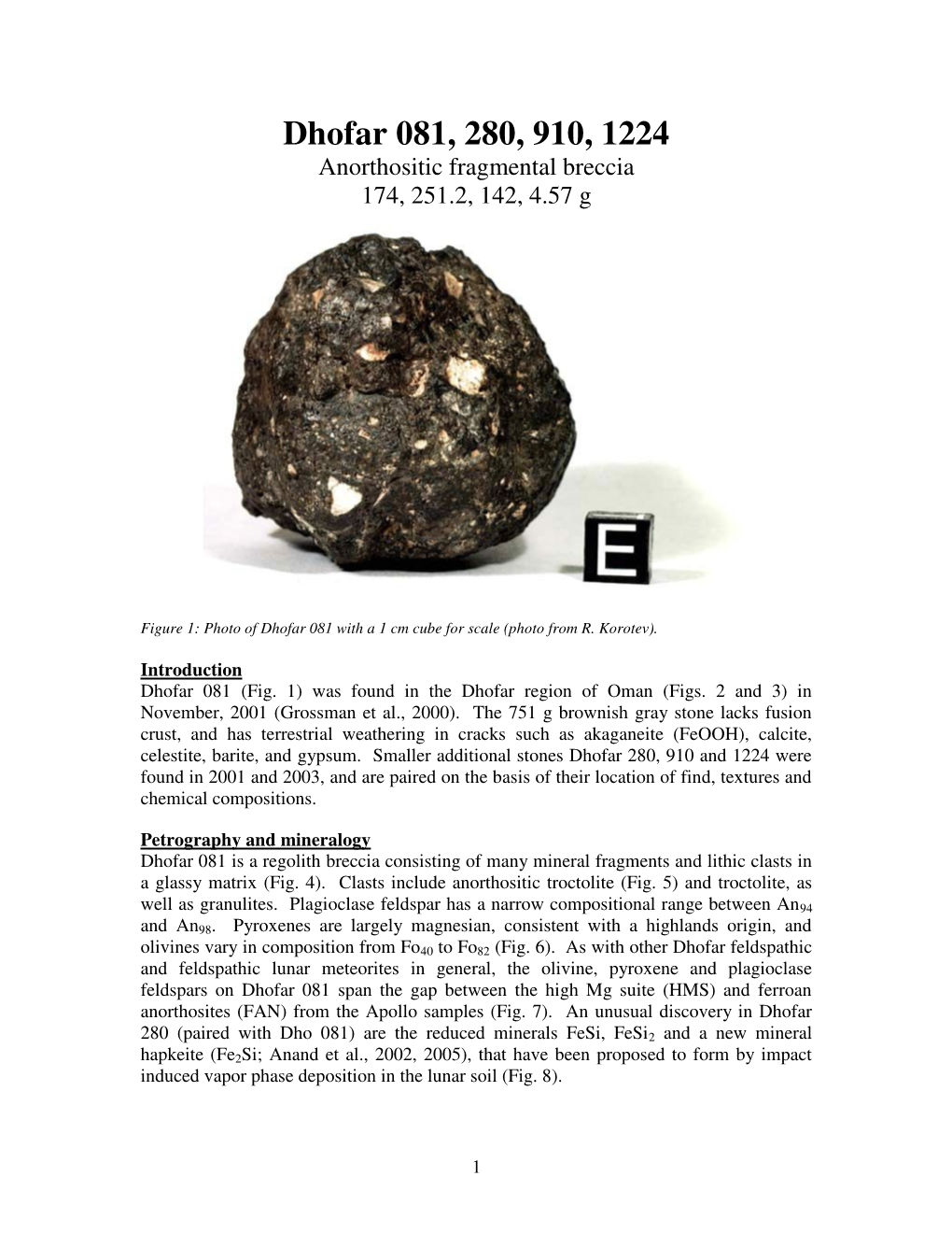 Dhofar 081, 280, 910, 1224 Anorthositic Fragmental Breccia 174, 251.2, 142, 4.57 G