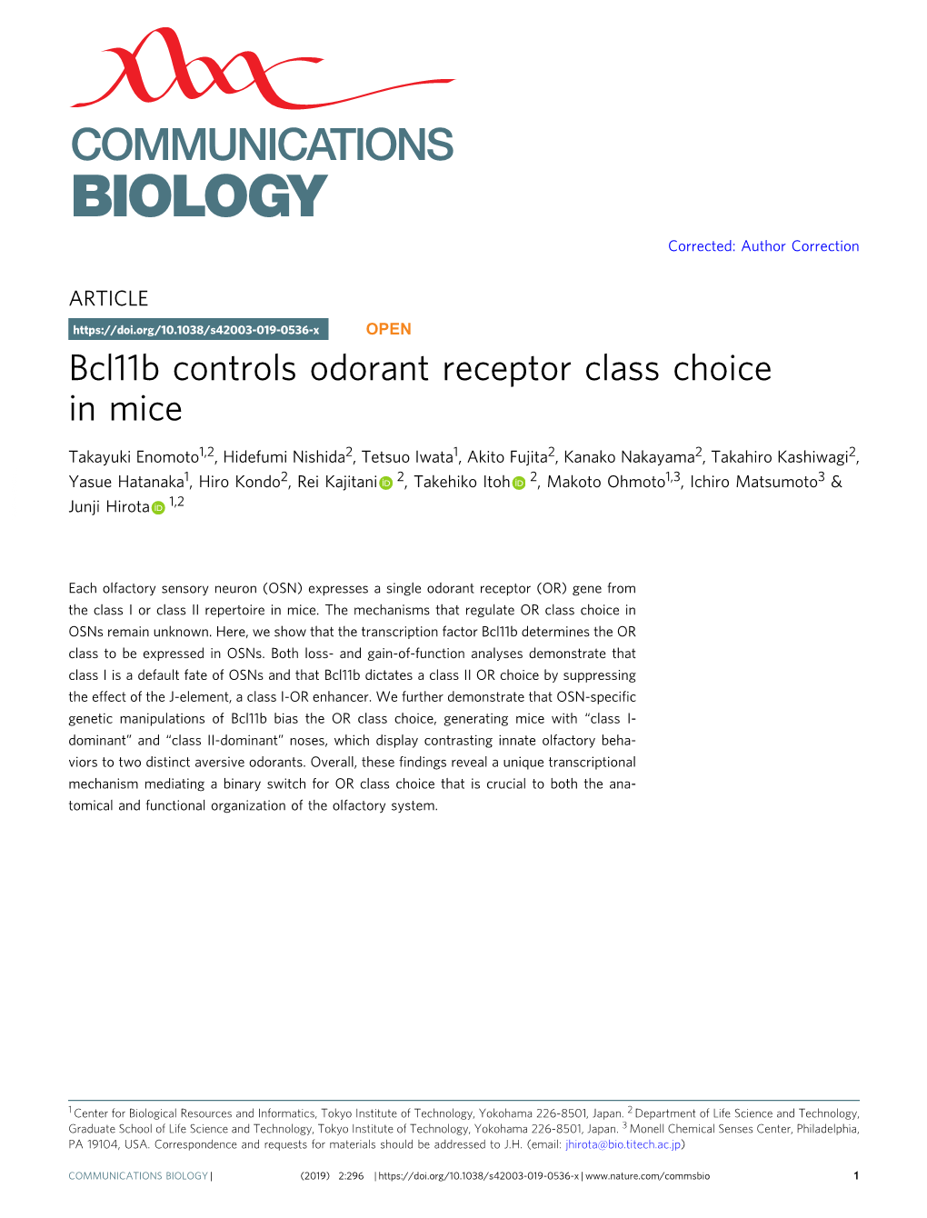 Bcl11b Controls Odorant Receptor Class Choice in Mice