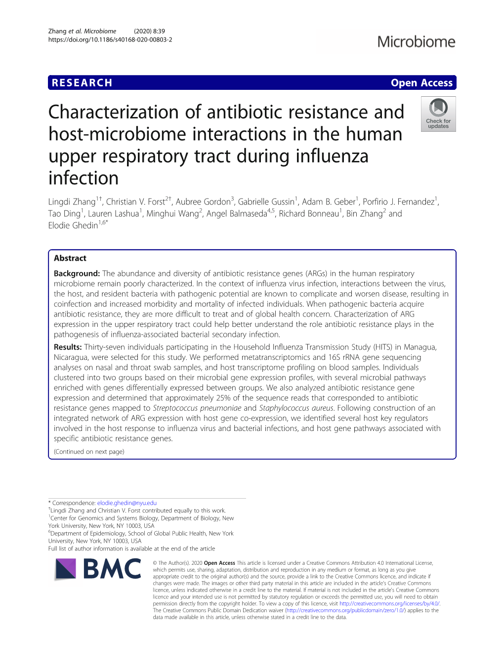 Characterization of Antibiotic Resistance and Host-Microbiome Interactions in the Human Upper Respiratory Tract During Influenza Infection Lingdi Zhang1†, Christian V