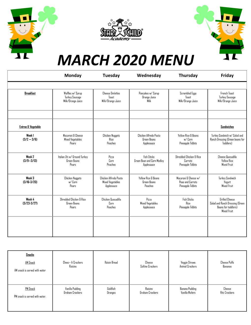 MARCH 2020 MENU Monday Tuesday Wednesday Thursday Friday