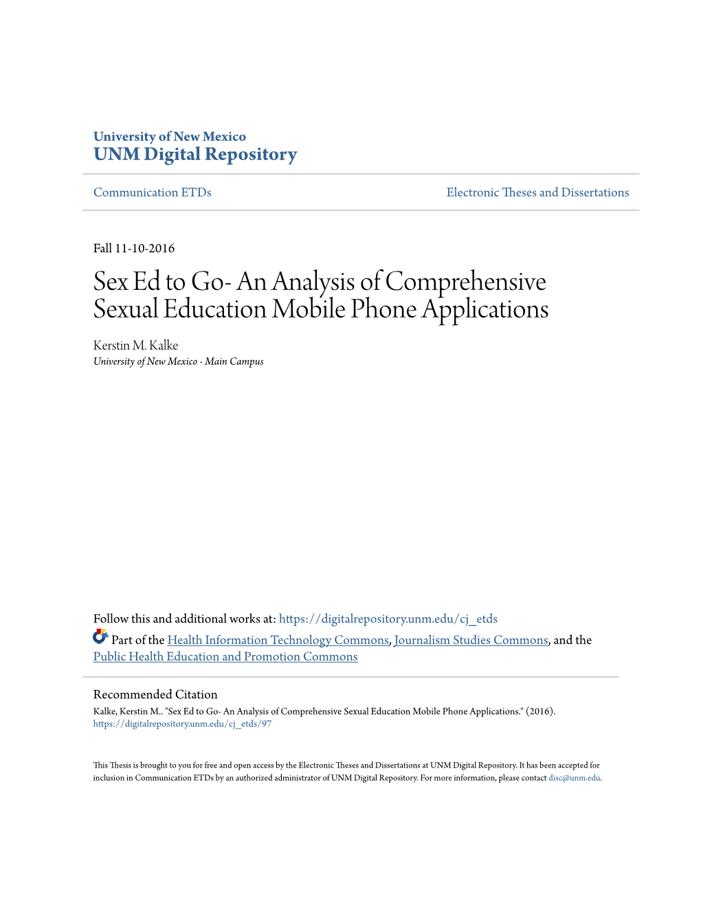 Sex Ed to Go- an Analysis of Comprehensive Sexual Education Mobile Phone Applications Kerstin M