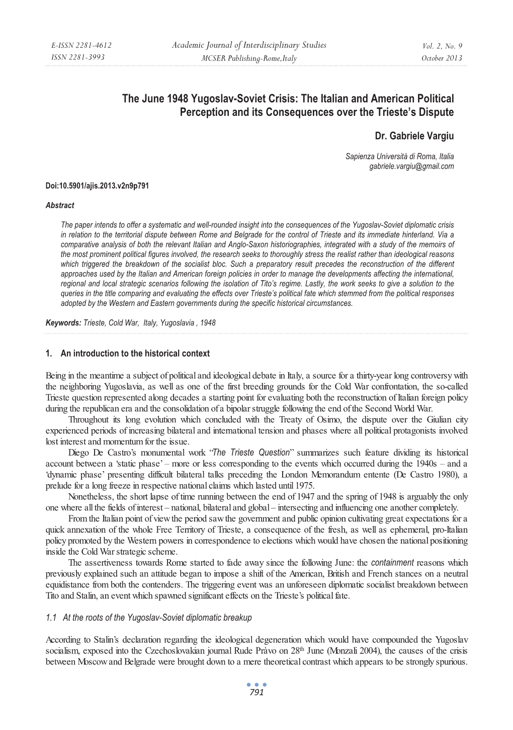 The June 1948 Yugoslav-Soviet Crisis: the Italian and American Political Perception and Its Consequences Over the Trieste's D