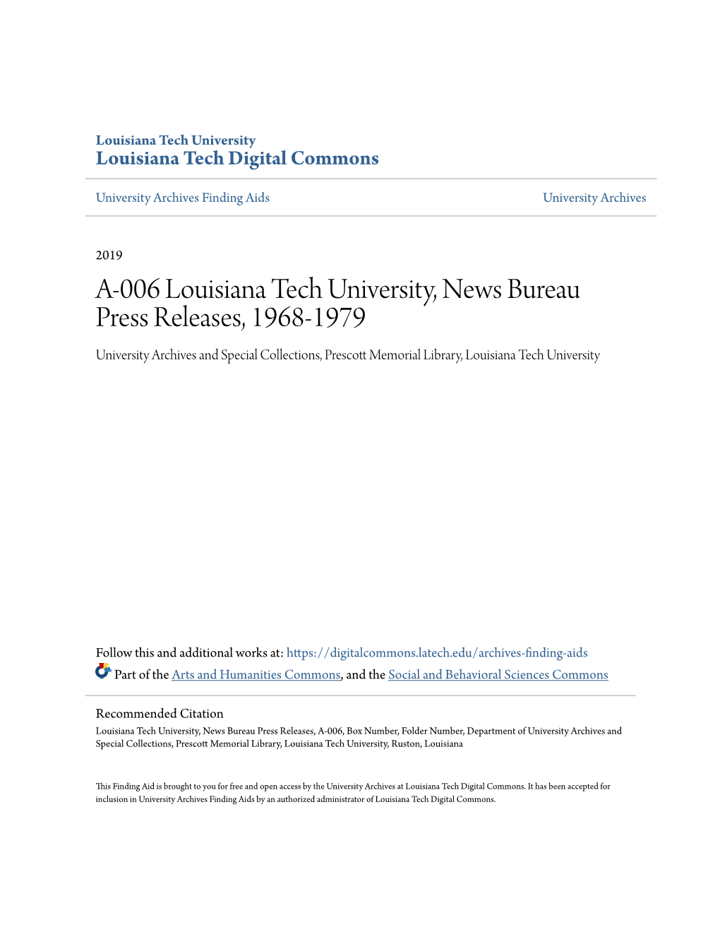 A-006 Louisiana Tech University, News Bureau Press Releases