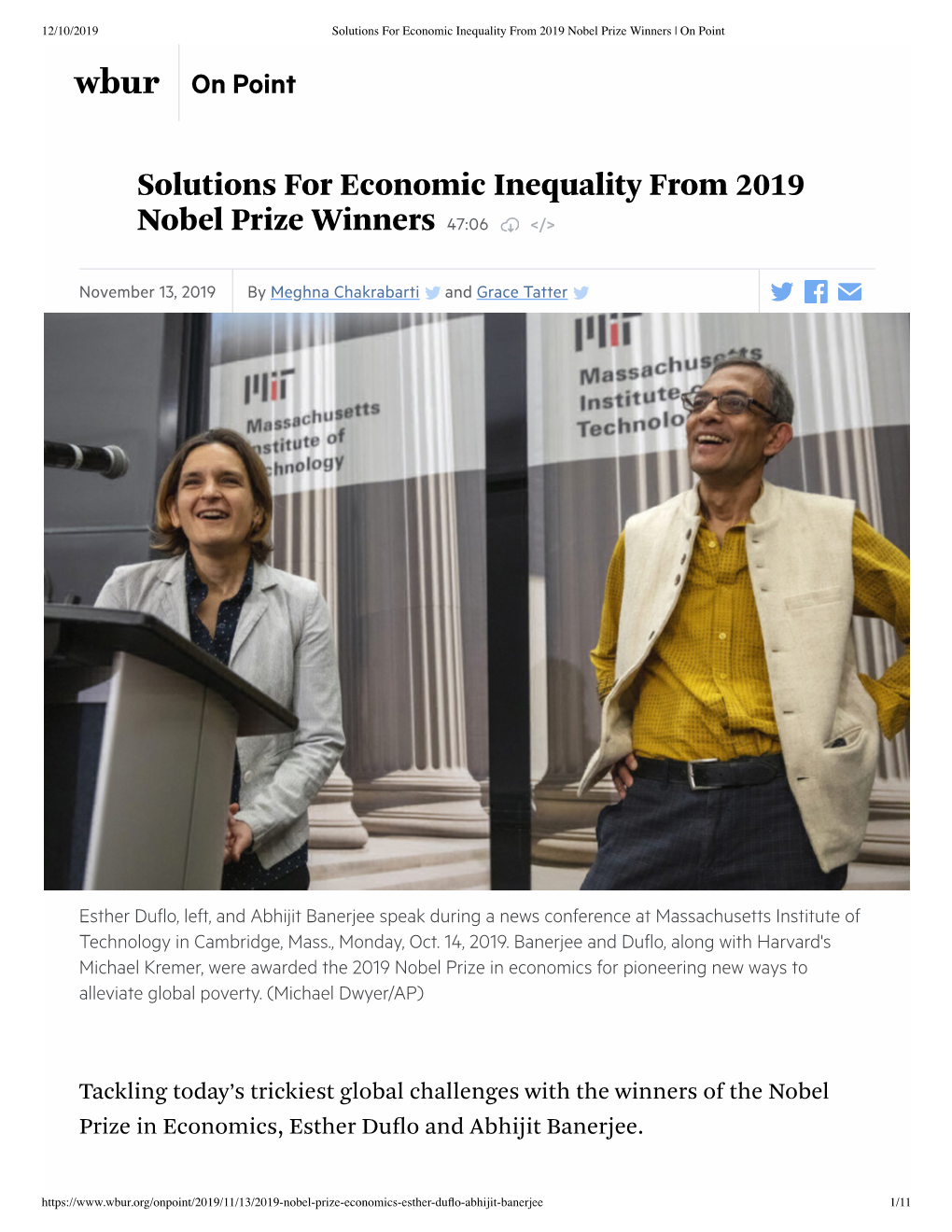 Solutions for Economic Inequality from 2019 Nobel Prize Winners | on Point