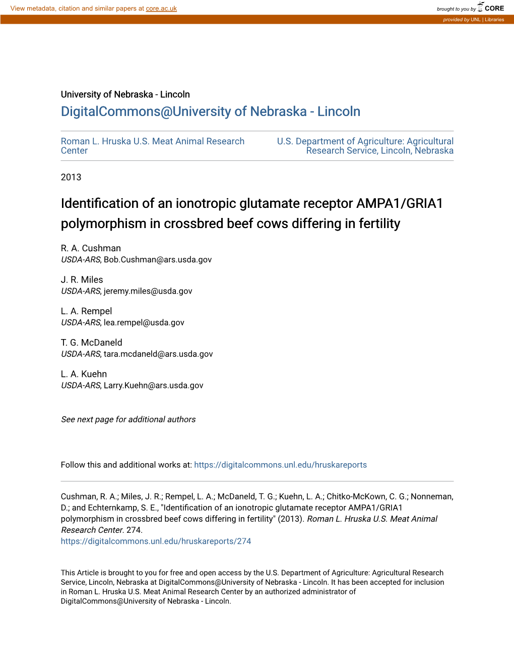 Identification of an Ionotropic Glutamate Receptor AMPA1/GRIA1 Polymorphism in Crossbred Beef Cows Differing in Fertility