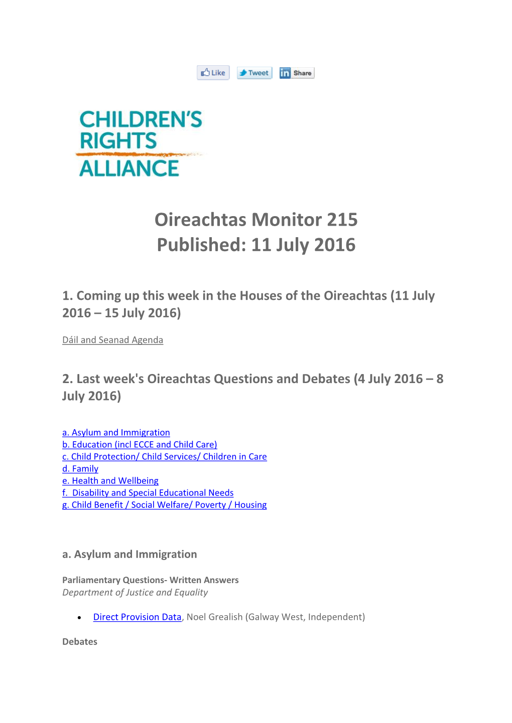 Oireachtas Monitor 215 Published: 11 July 2016