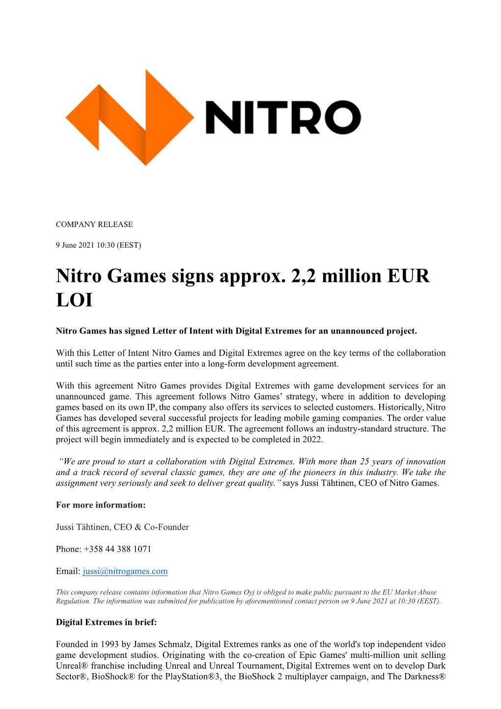 Nitro Games Signs Approx. 2,2 Million EUR LOI