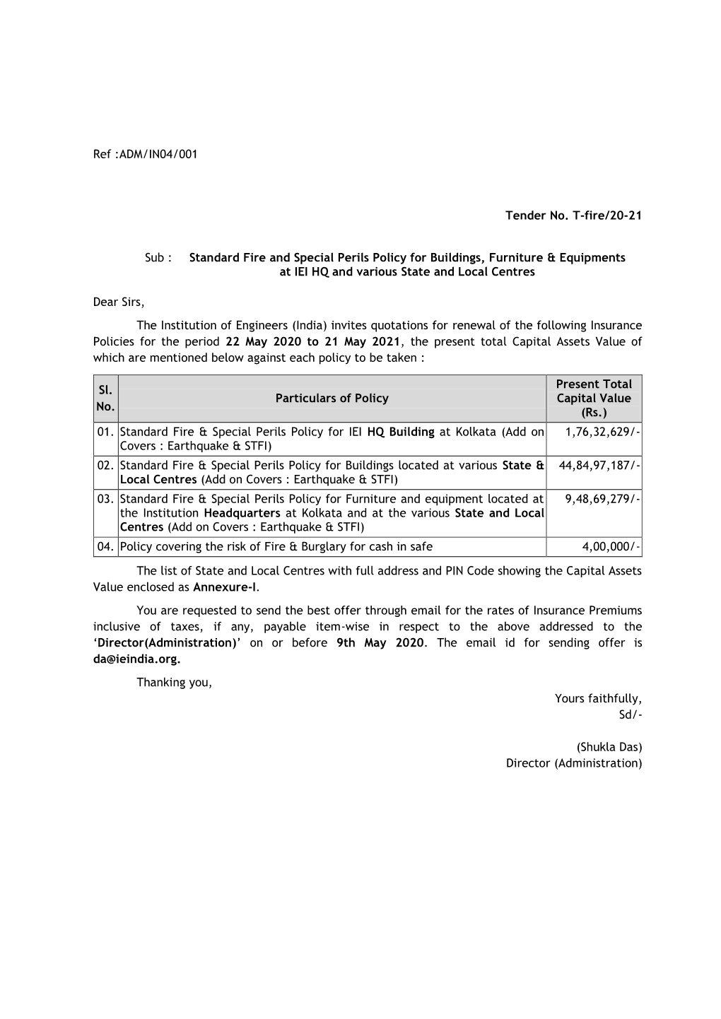 ADM/IN04/001 Tender No. T-Fire/20-21 Sub : Standard Fire and Special Perils Policy for Buildings, Furniture & Equipment