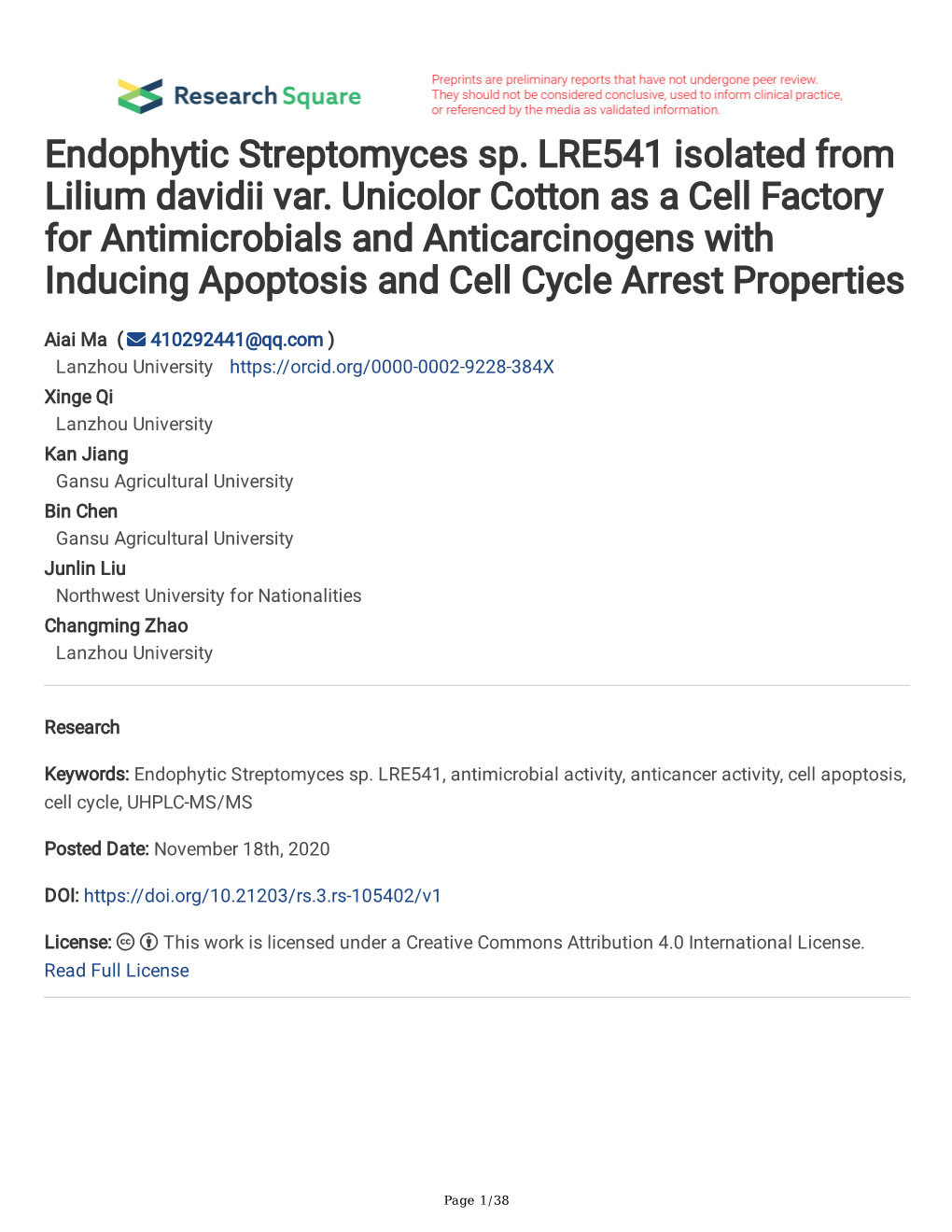 Endophytic Streptomyces Sp. LRE541 Isolated from Lilium Davidii Var. Unicolor Cotton As a Cell Factory for Antimicrobials and An