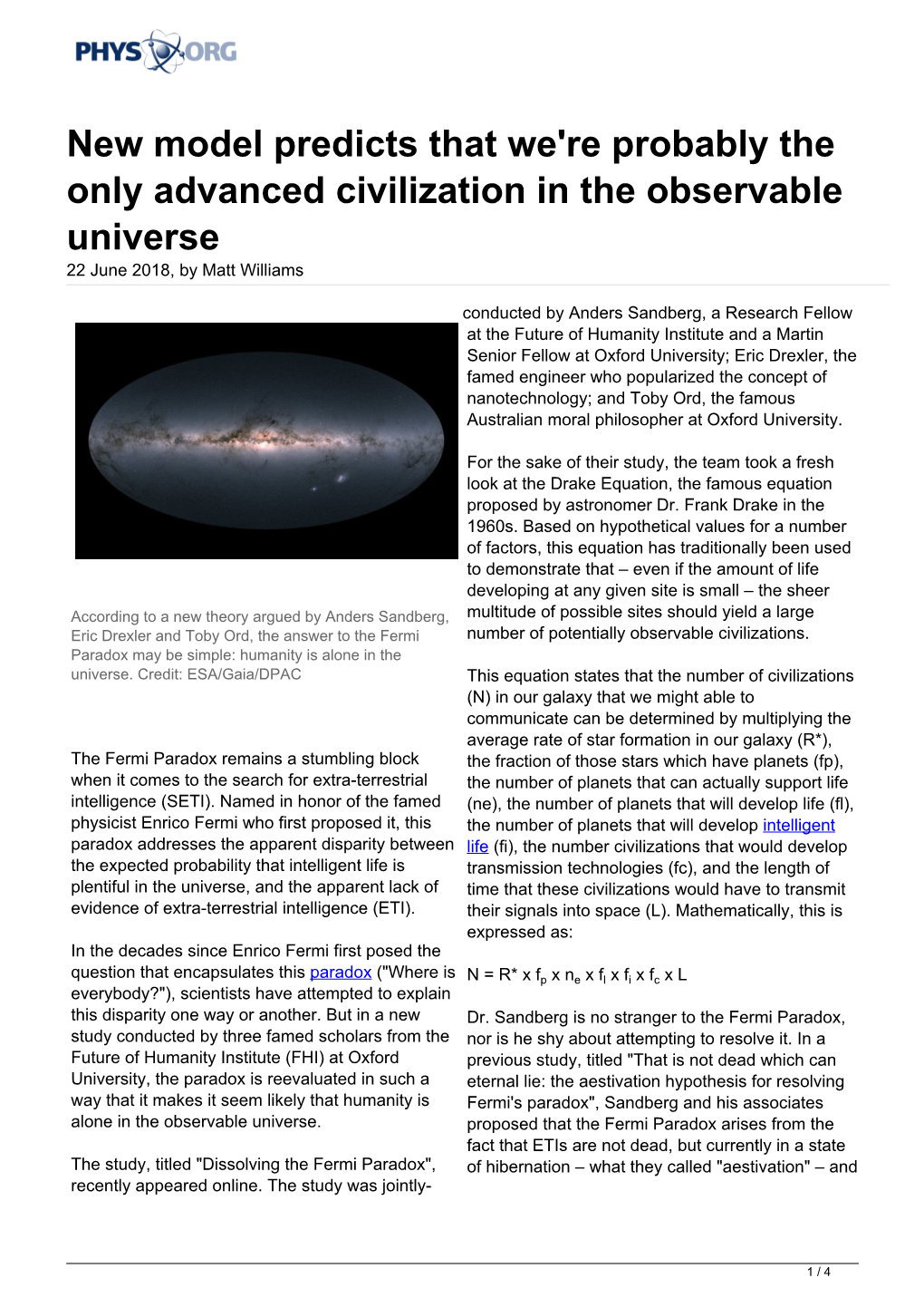 New Model Predicts That We're Probably the Only Advanced Civilization in the Observable Universe 22 June 2018, by Matt Williams