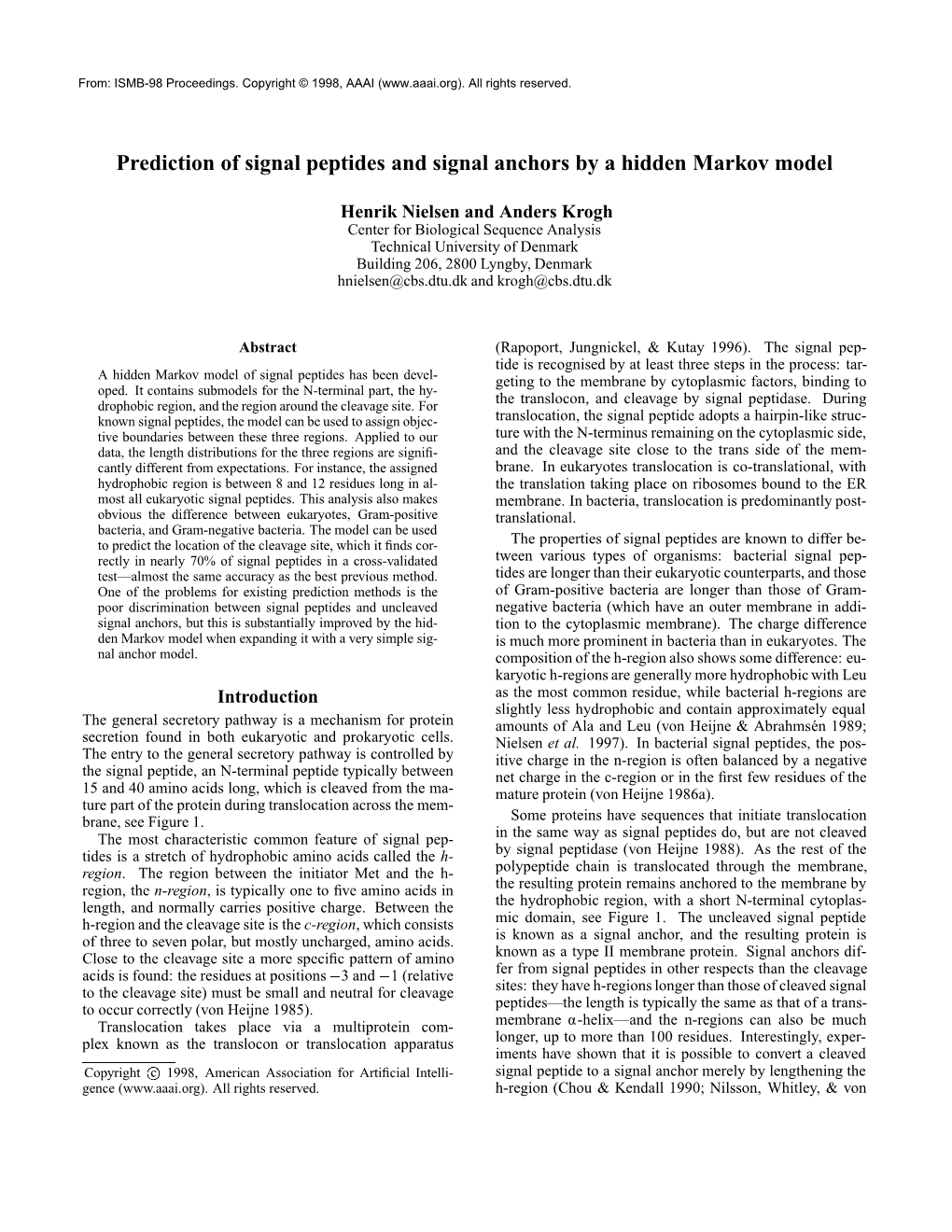 Prediction of Signal Peptides and Signal Anchors by a Hidden Markov Model