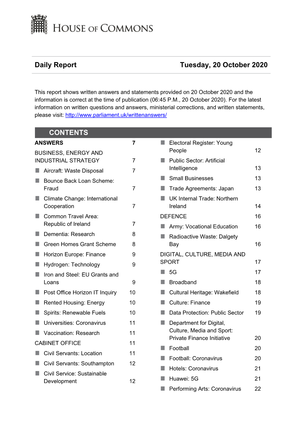 Daily Report Tuesday, 20 October 2020 CONTENTS