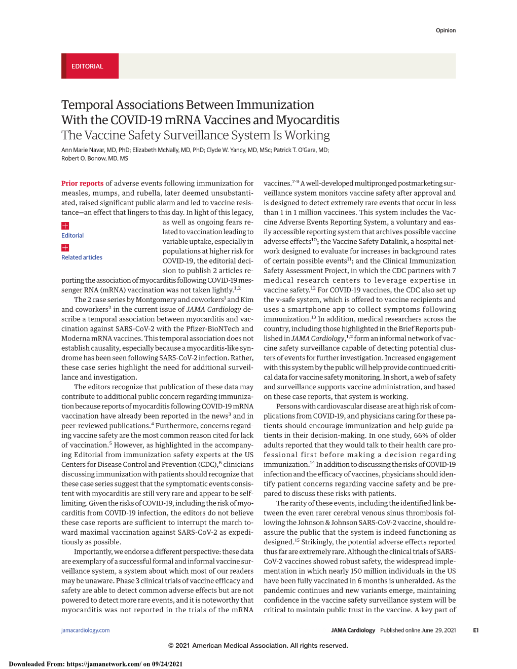 The Vaccine Safety Surveillance System Is Working Ann Marie Navar, MD, Phd; Elizabeth Mcnally, MD, Phd; Clyde W