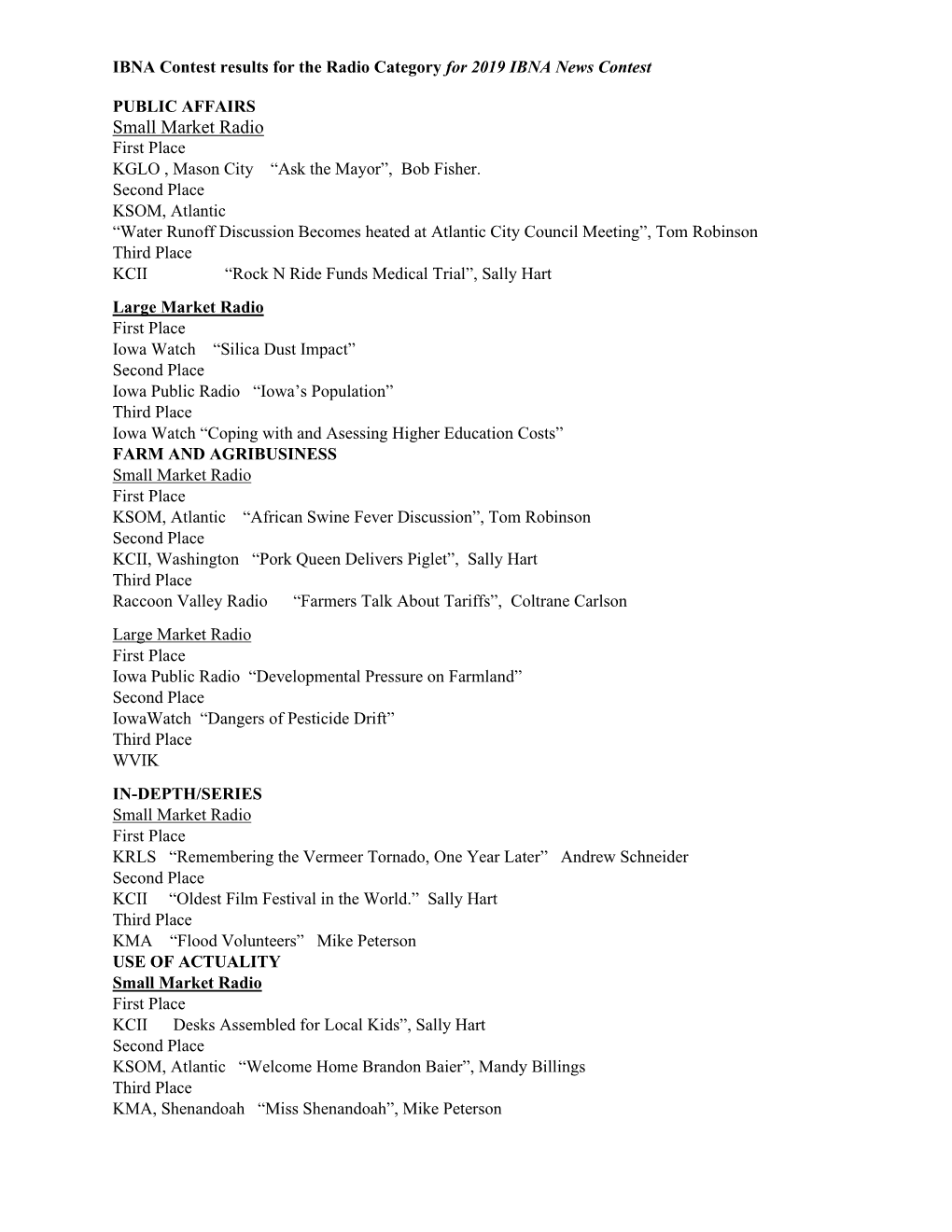 Small Market Radio First Place KGLO , Mason City “Ask the Mayor”, Bob Fisher