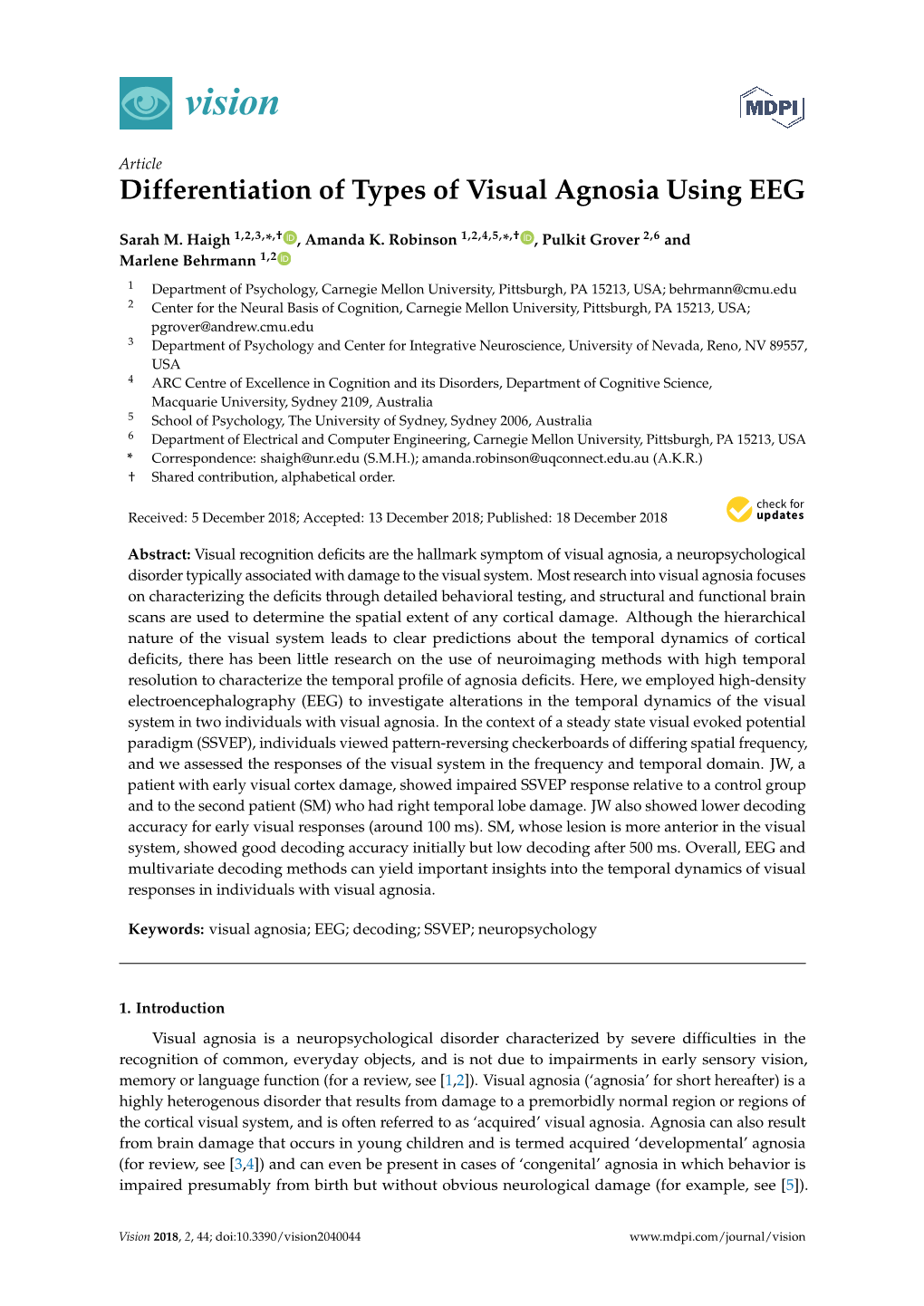 Differentiation of Types of Visual Agnosia Using EEG