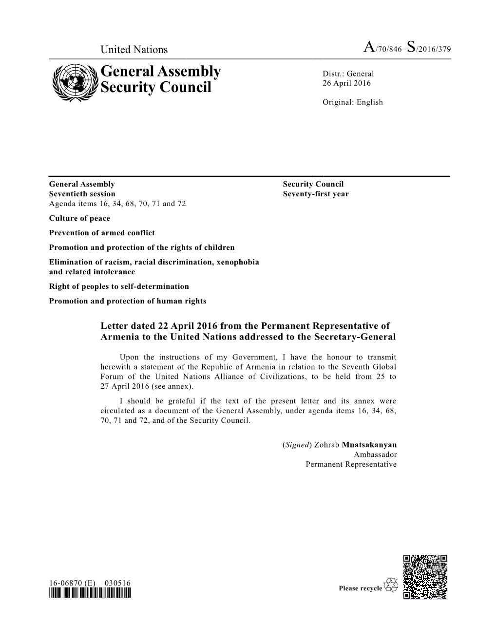 General Assembly Security Council Seventieth Session Seventy-First Year Agenda Items 16, 34, 68, 70, 71 and 72