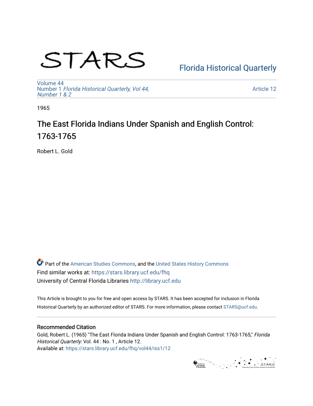 The East Florida Indians Under Spanish and English Control: 1763-1765