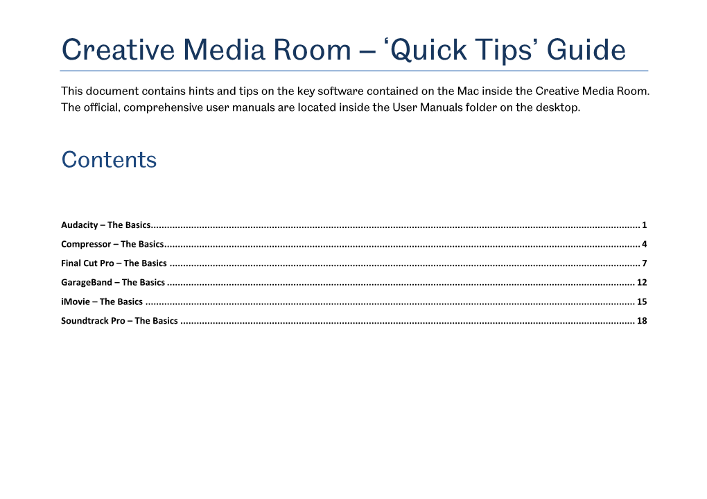Creative Media Room – 'Quick Tips' Guide