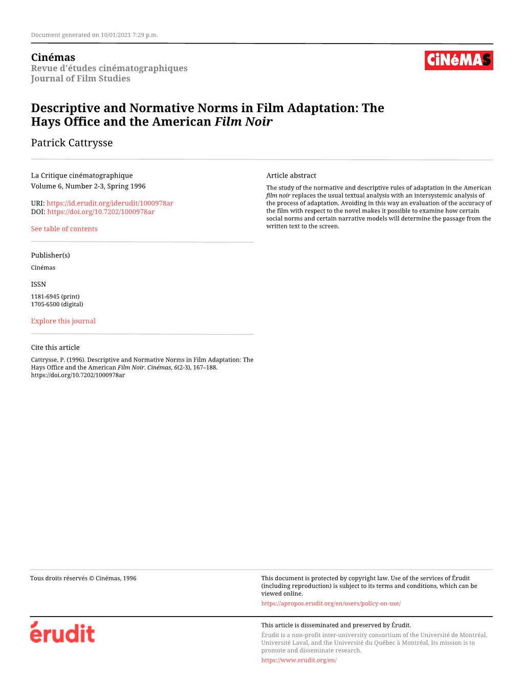 Descriptive and Normative Norms in Film Adaptation: the Hays Office and the American Film Noir Patrick Cattrysse