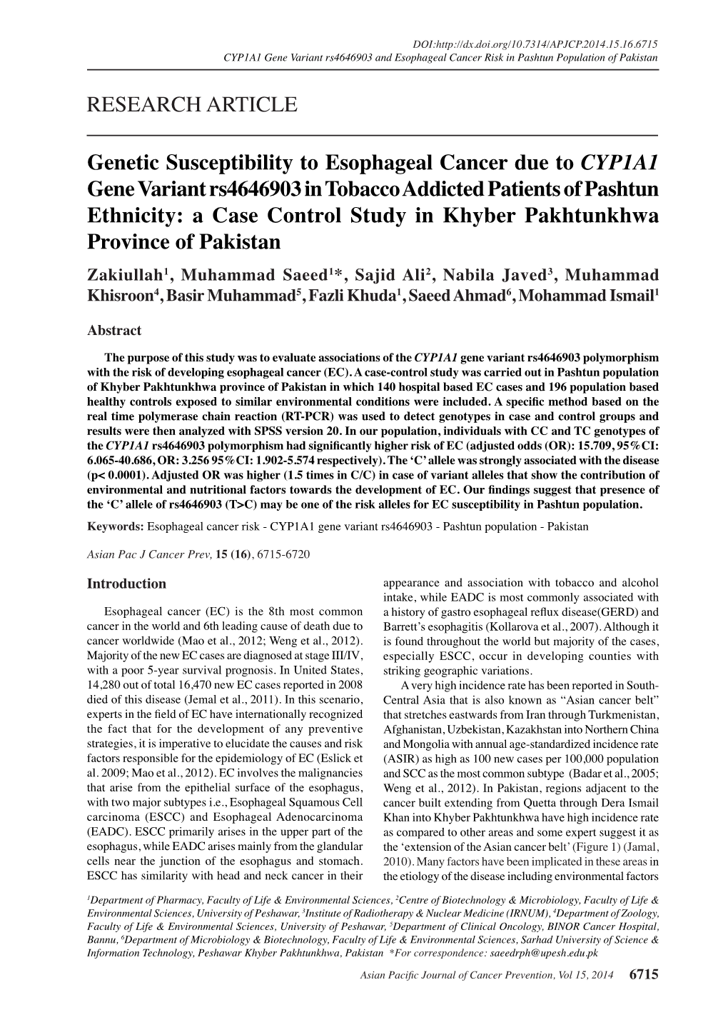 Genetic Susceptibility to Esophageal Cancer Due to CYP1A1 Gene