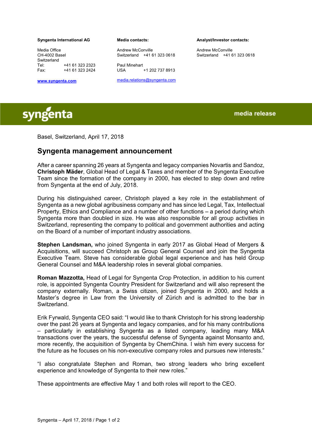 Syngenta Management Announcement