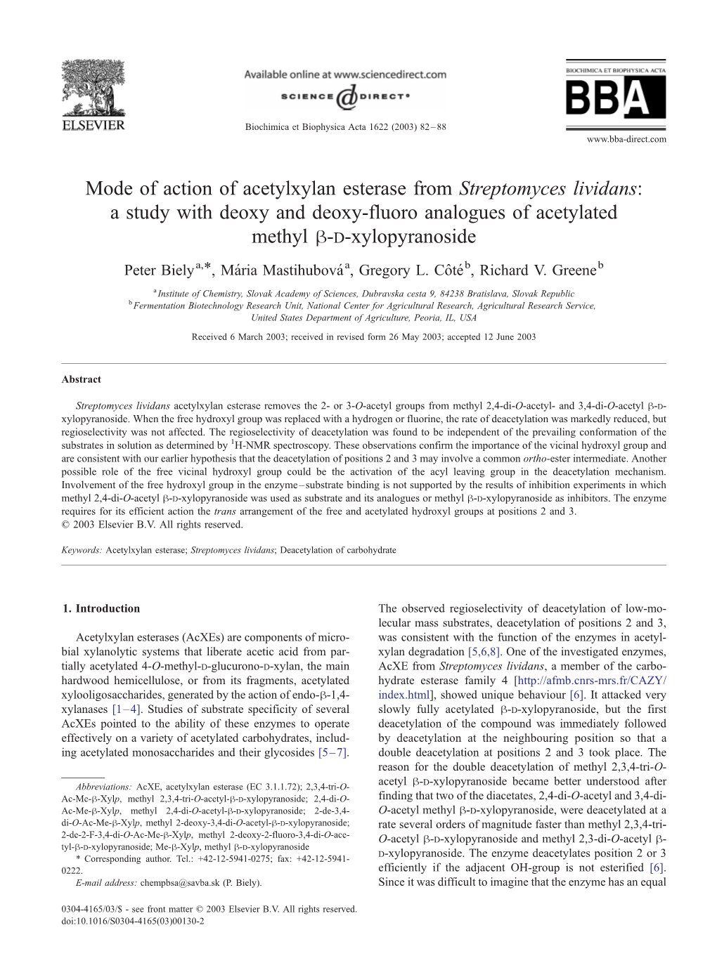 Mode of Action of Acetylxylan Esterase from Streptomyces Lividans: a Study with Deoxy and Deoxy-Fluoro Analogues of Acetylated Methyl H-D-Xylopyranoside