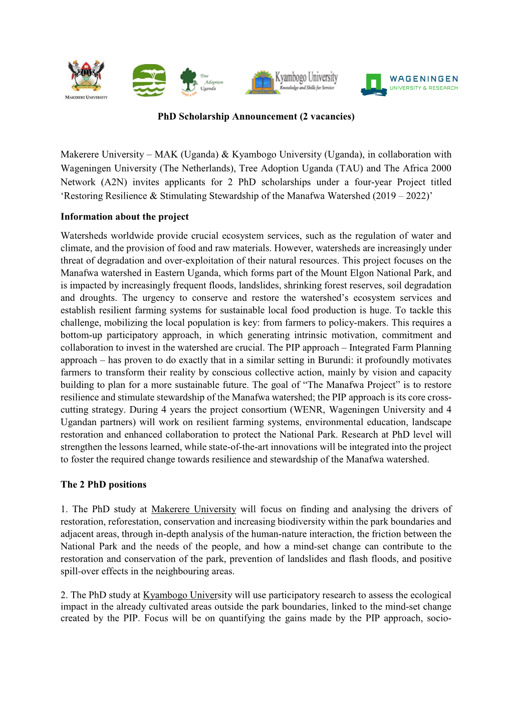 Phd Scholarship Announcement (2 Vacancies) Makerere University