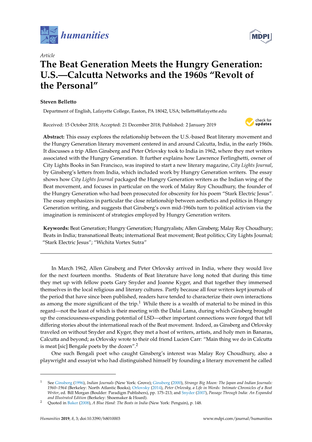 The Beat Generation Meets the Hungry Generation: US—Calcutta Networks and the 1960S “Revolt of the Personal”