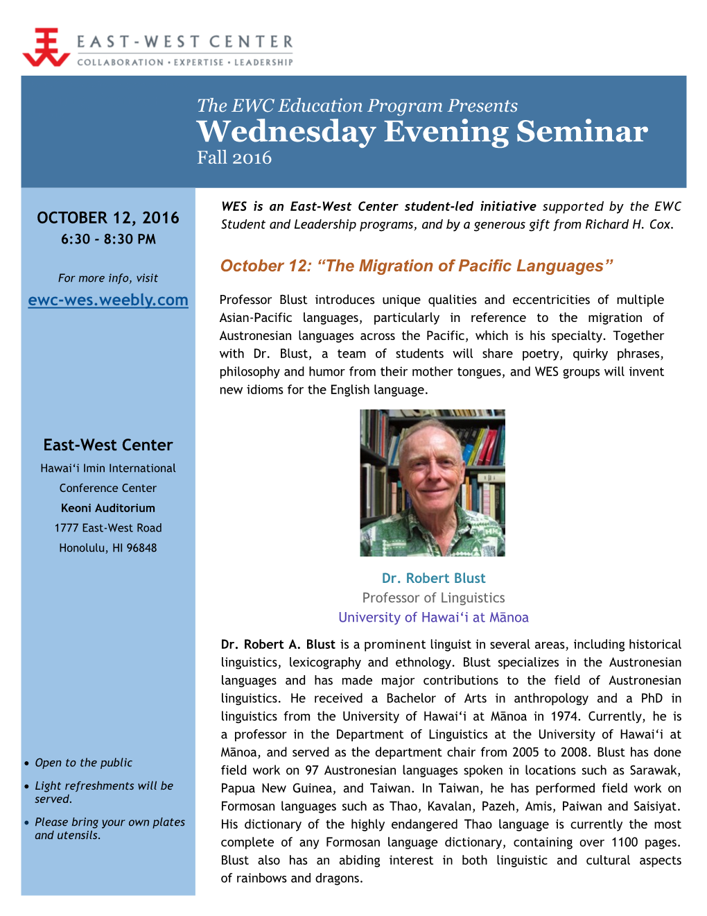 Wednesday Evening Seminar Fall 2016