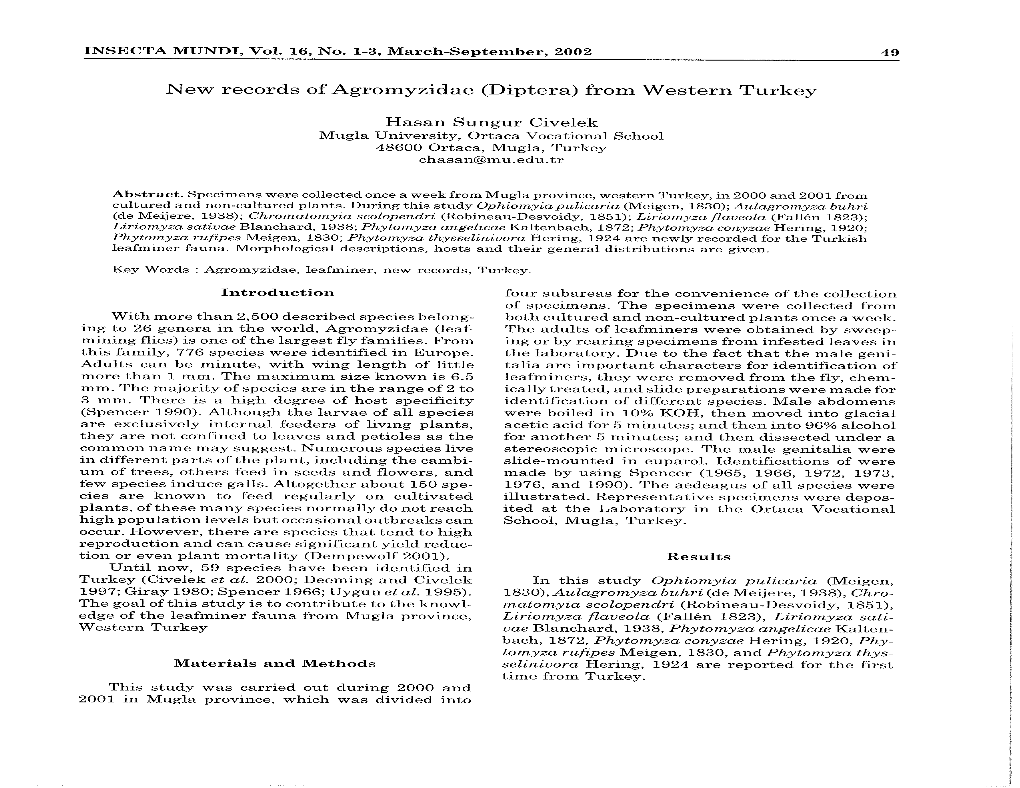 New Records of Agromyzidae (Diptera) from Western Turkey