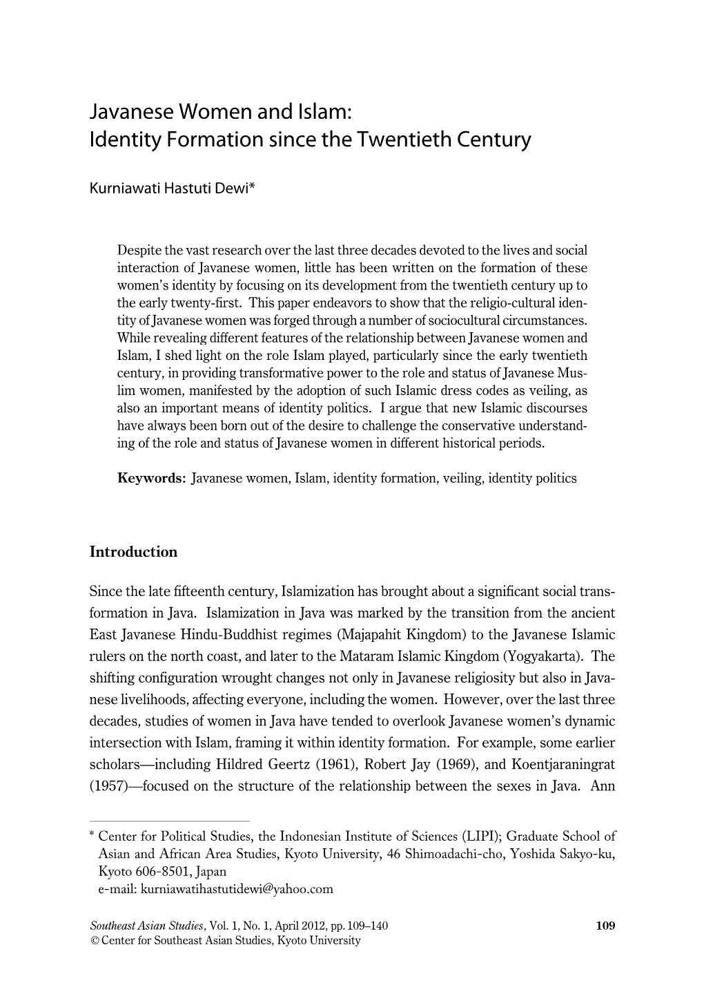 Javanese Women and Islam: Identity Formation Since the Twentieth Century