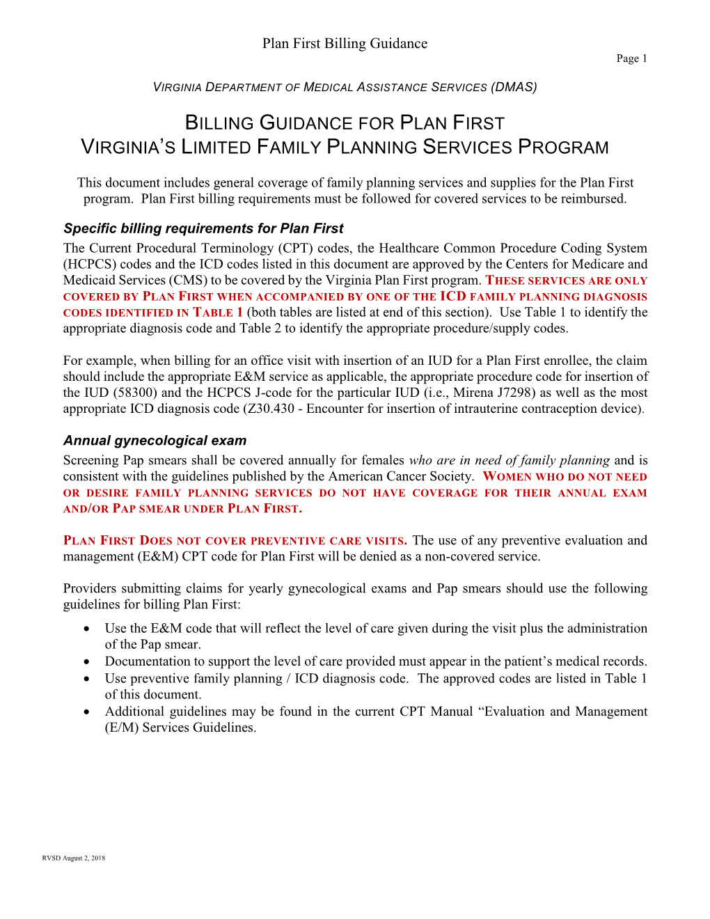 Billing Guidance for Plan First Virginia's Limited Family Planning Services