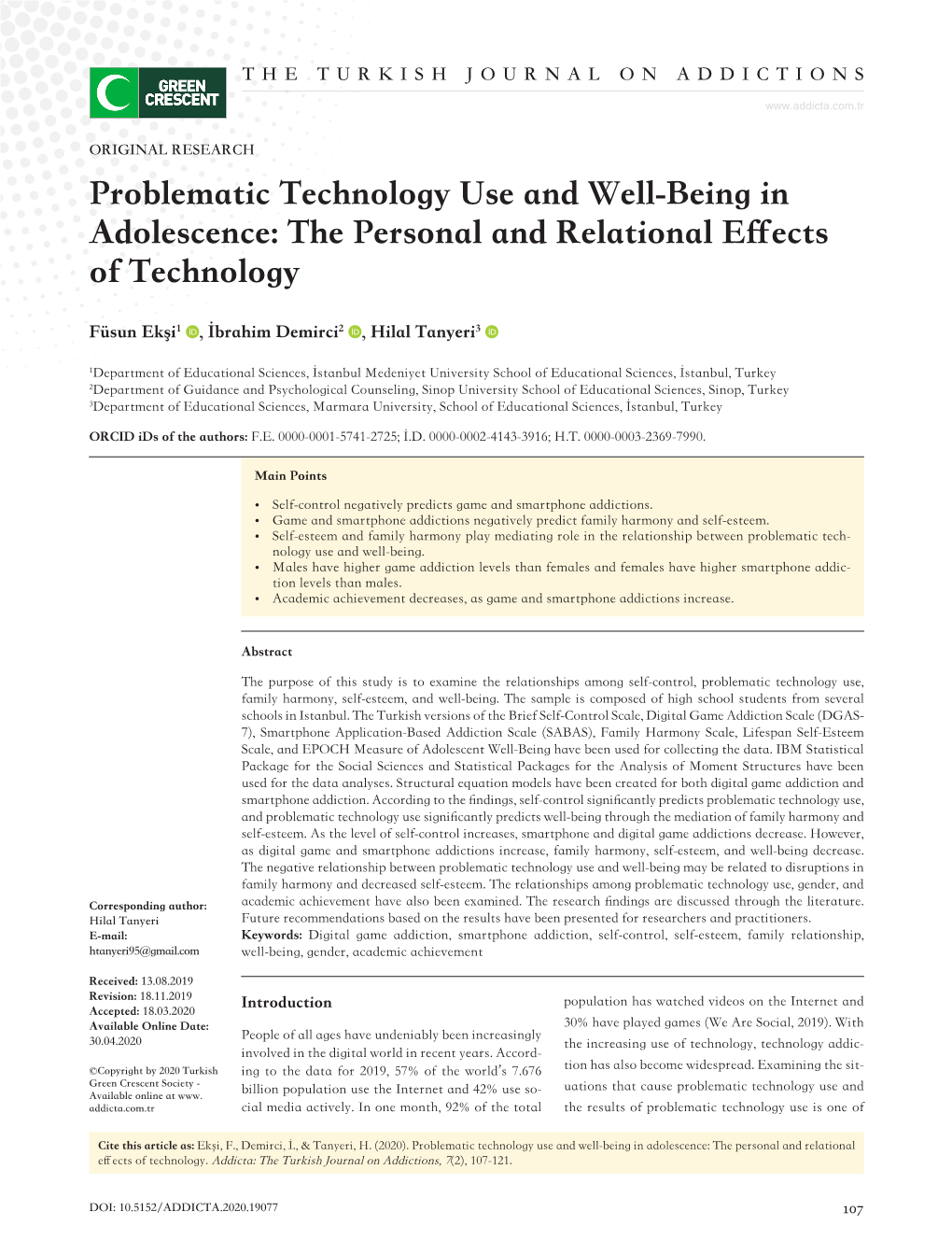Problematic Technology Use and Well-Being in Adolescence: the Personal and Relational Effects of Technology