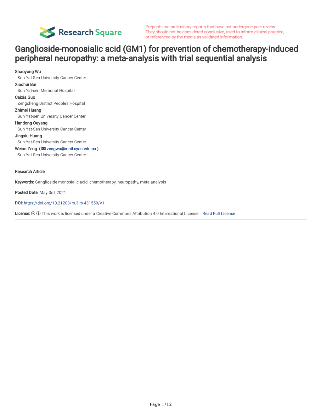 Ganglioside-Monosialic Acid (GM1) for Prevention of Chemotherapy-Induced Peripheral Neuropathy: a Meta-Analysis with Trial Sequential Analysis