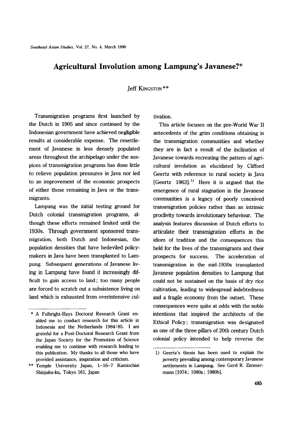 Agricultural Involution Among Lampung's Javanese?*