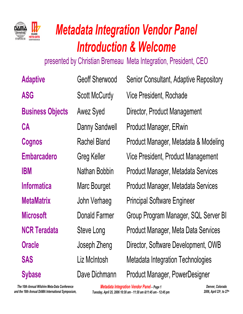 Metadata Integration Vendor Panel Introduction & Welcome