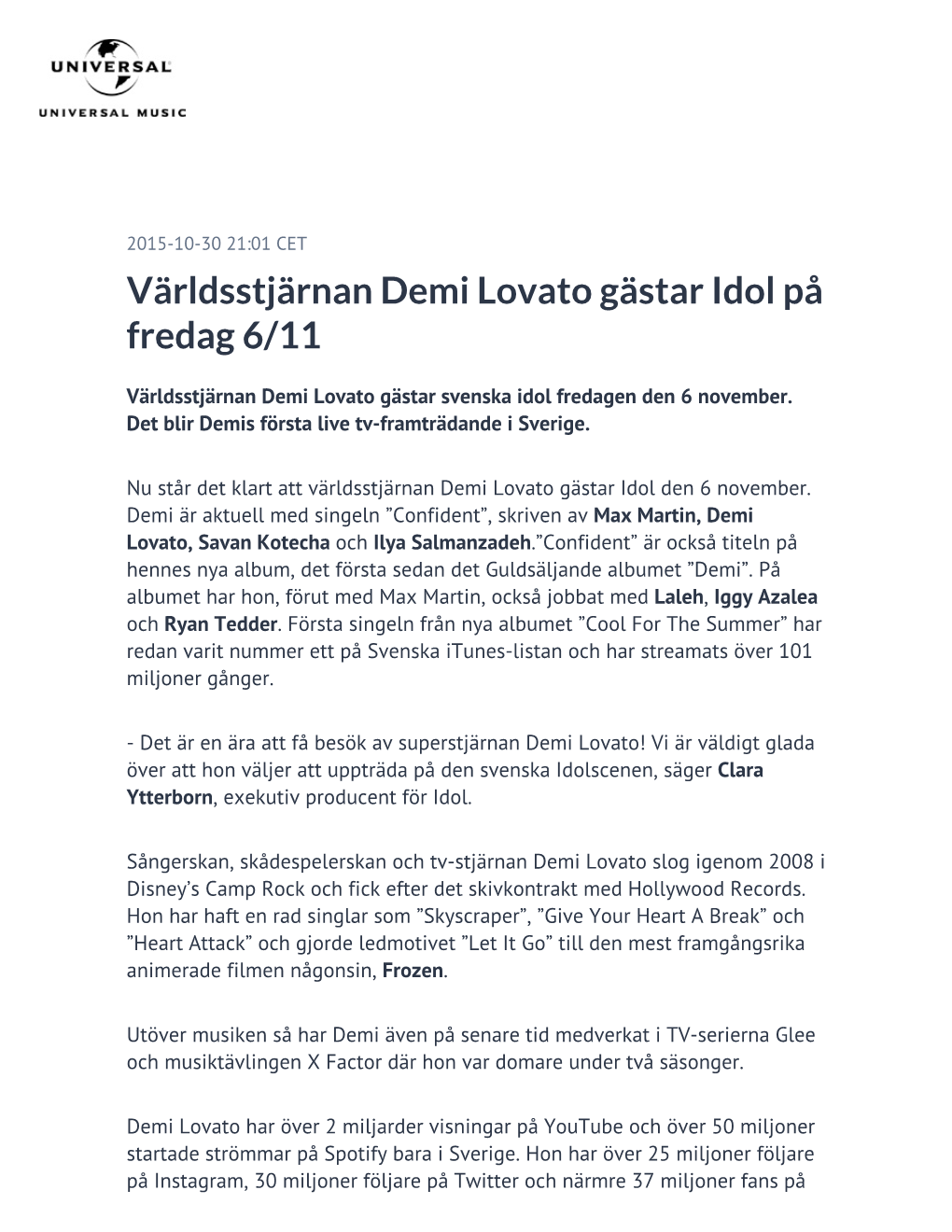 Världsstjärnan Demi Lovato Gästar Idol På Fredag 6/11