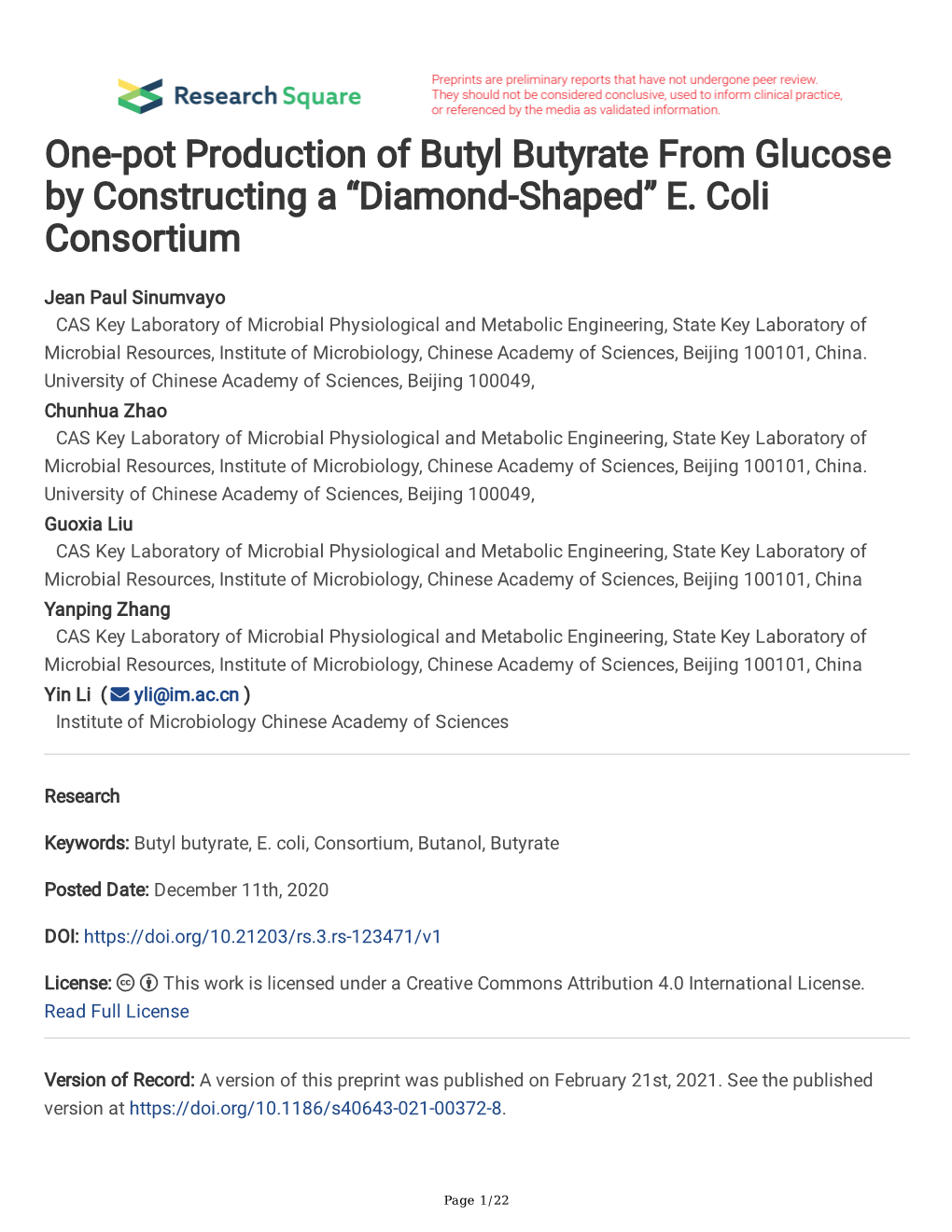 One-Pot Production of Butyl Butyrate from Glucose by Constructing a “Diamond-Shaped” E