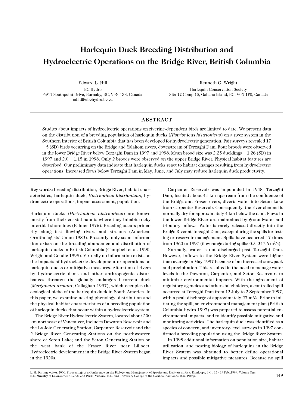 Harlequin Duck Breeding Distribution and Hydroelectric Operations on the Bridge River, British Columbia